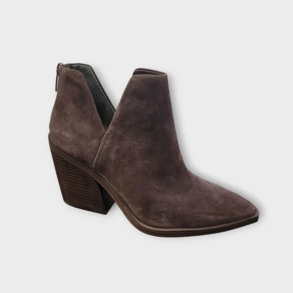 Vince Camuto Brown Suede Pointed Ankle Booties with Stacked Heel